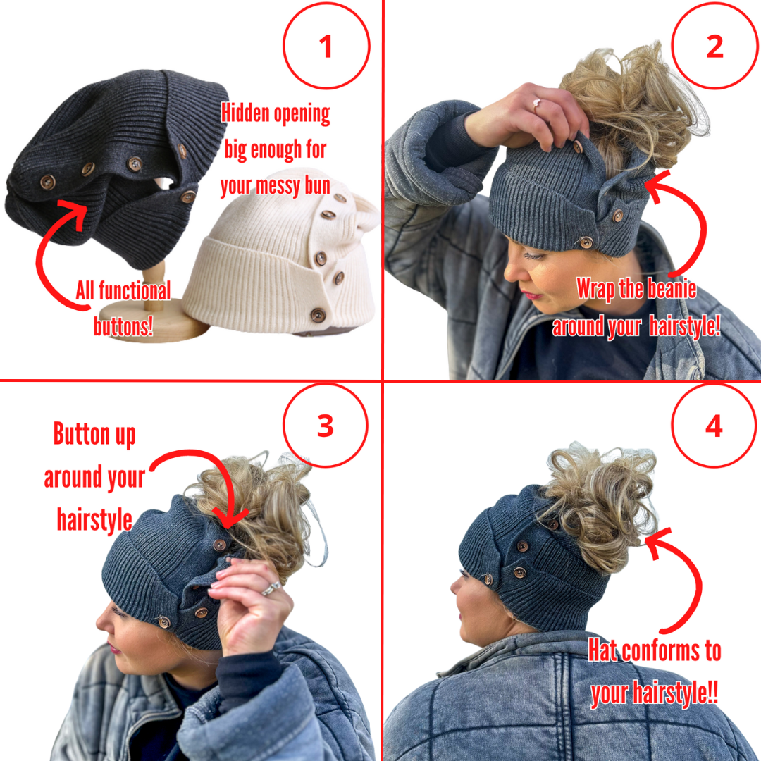 Red Sprite Hats - Wholesale Beanie - Women's - Button Up Beanie, Hidden Messy Bun Ponytail Winter Hat3