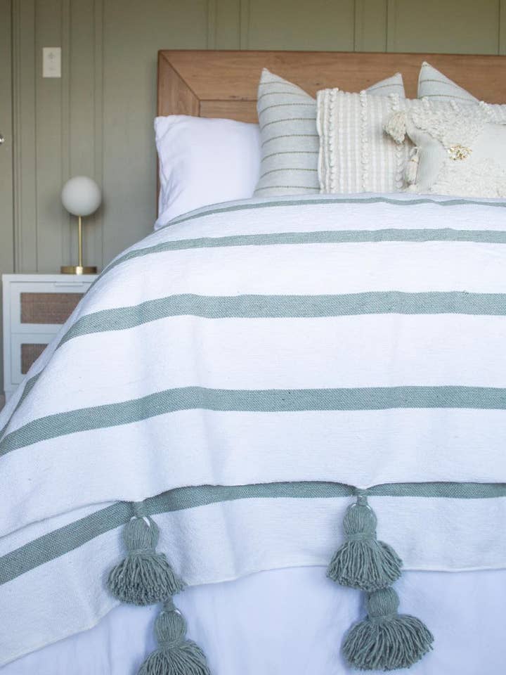 Moroccan Handmade White Blanket With Khaki PomPom & Stripes for wholesale by marrakeshop