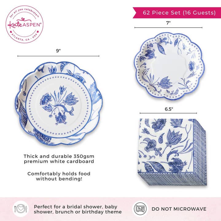 Kate Aspen - Wholesale Disposable Tableware Pack - Blue Willow 62 Piece Party Tableware Set (16 guests)