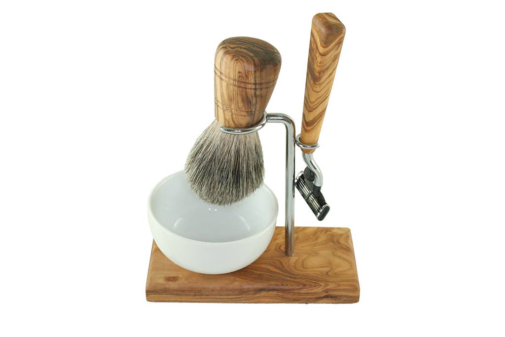 olivenholz-erleben – Großhandel Rasierset/Kit – Herren – Rasierpinselset/Rasiererhalter KLASSIK 4teilig Dachs
