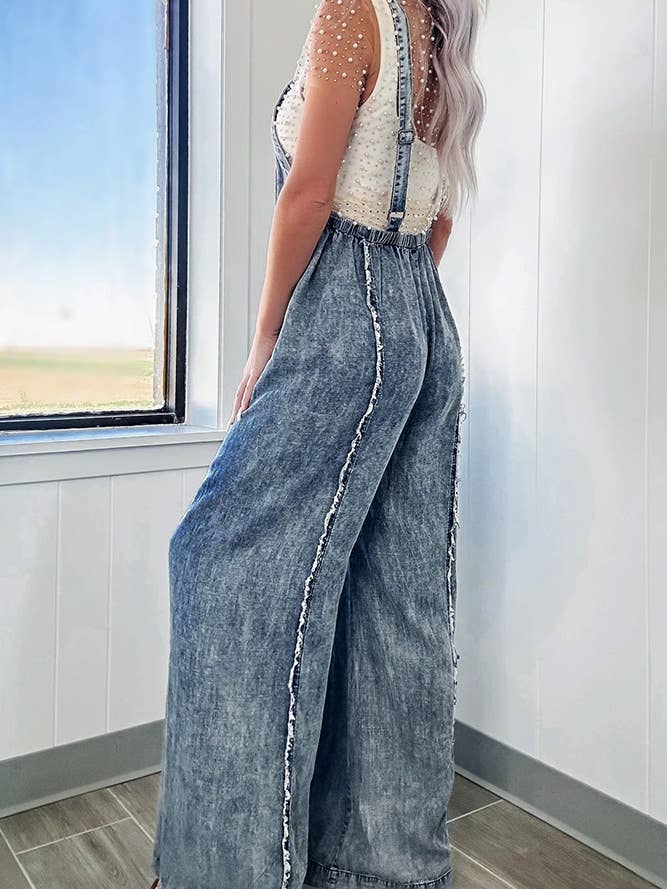 Light Blue Washed Raw Hem One Piece Wide Leg Jumpsuit Overall YYNZ020 for wholesale on Faire