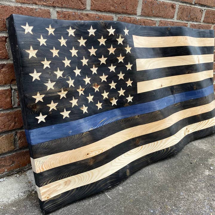 Rugged Cross Creations - Wholesale Wall Sign - Waving Wooden Thin Blue Line Police Flag10