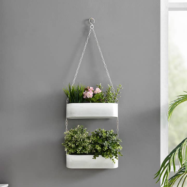 Danya B. Two-Tier Hanging White Metal Trough Wall Planter for wholesale by Danya B