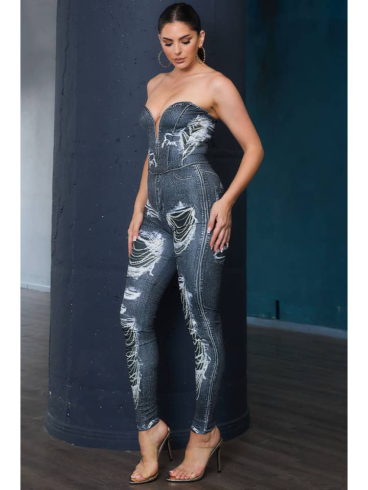 Her Bottari - Wholesale Top & Pant Set (NOT Loungewear) - Women's - BP2729-SET_Denim print bustier top & Pants set2