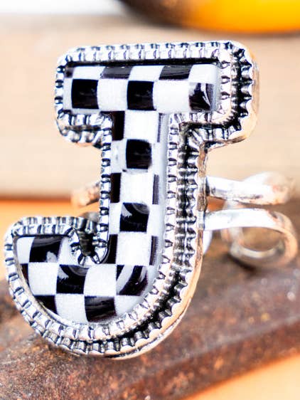 Black & White Checkered 'J' Silvertone Cuff Ring for wholesale by Wholesale Accessory Market