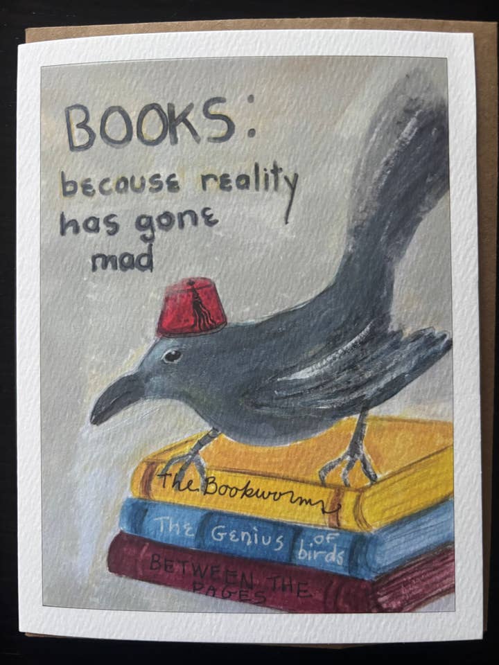 BOOKS: because reality has gone mad. Bird on books pet card for wholesale by Bernie Street Studios