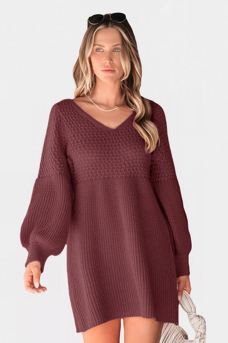 NINEXIS - Vente Robe – femme - ROBE PULL TRICOTÉE À MANCHES BOUFFANTES ET COL EN V CWDSD109517