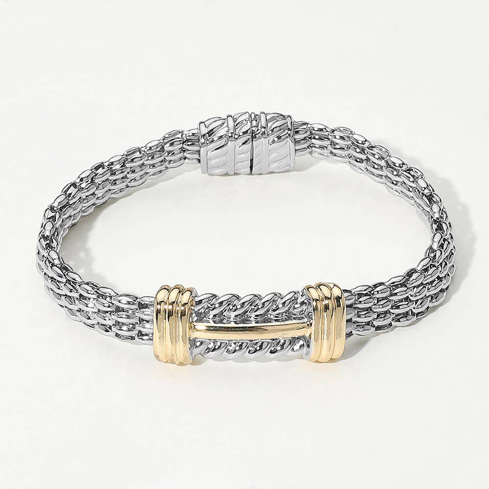 Sensibling Corp. – wholesale Link & chain bracelet – 14K Gold Plated Two Tone Center Bar Accent Woven Chain Magnetic Bracelet0