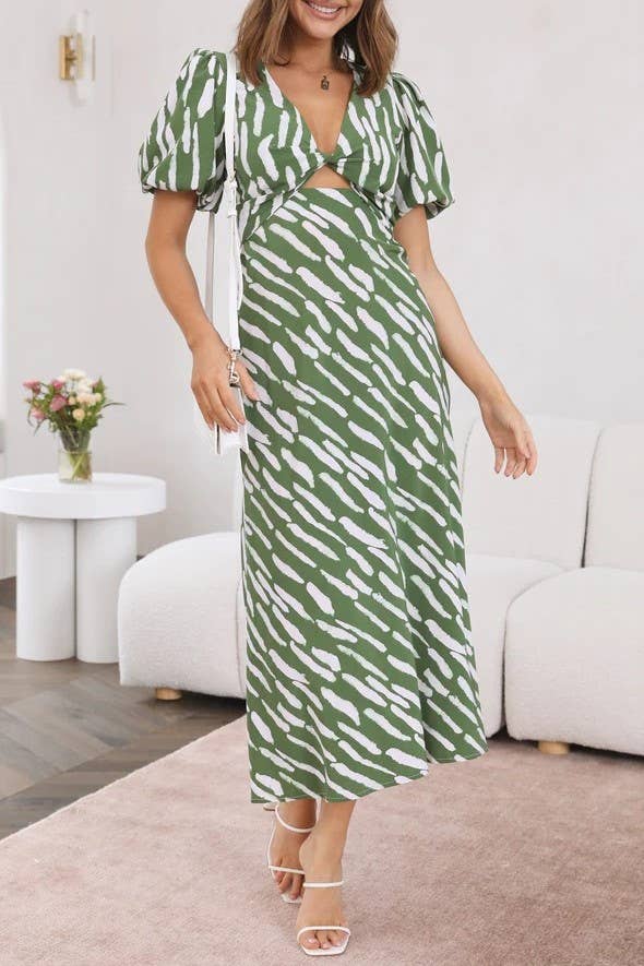 Rosa Clothing - Wholesale Dress - Women's - zebra print plunge twist front cutout puff sleeve dress2