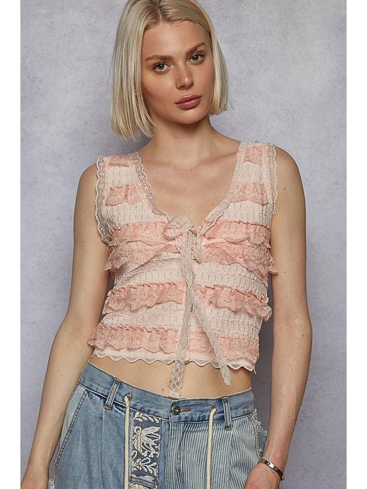 Pol Clothing - Wholesale Blouse - Women's - V-neck sleeveless cropped woven lace top17