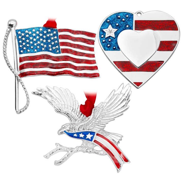 Adornos navideños minimalistas patrióticos de metal plateado (juego de) para venta al por mayor de Gloria Duchin