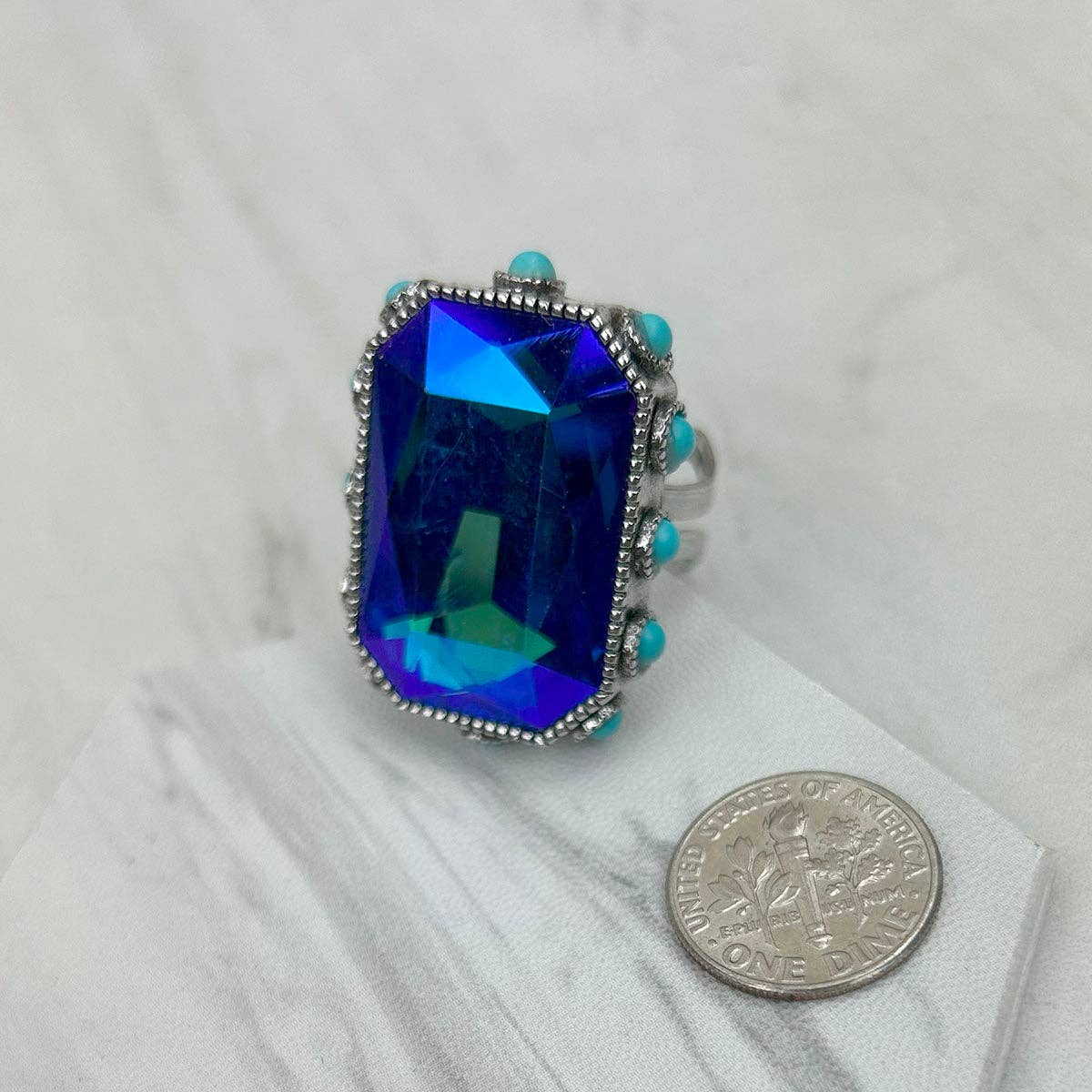 Western Elite Jewelry - Wholesale Cocktail/Statement Ring - RGY241130-02-CLEAR                        Silver metal with clear crystal and blue turquoise stone beads Ring5