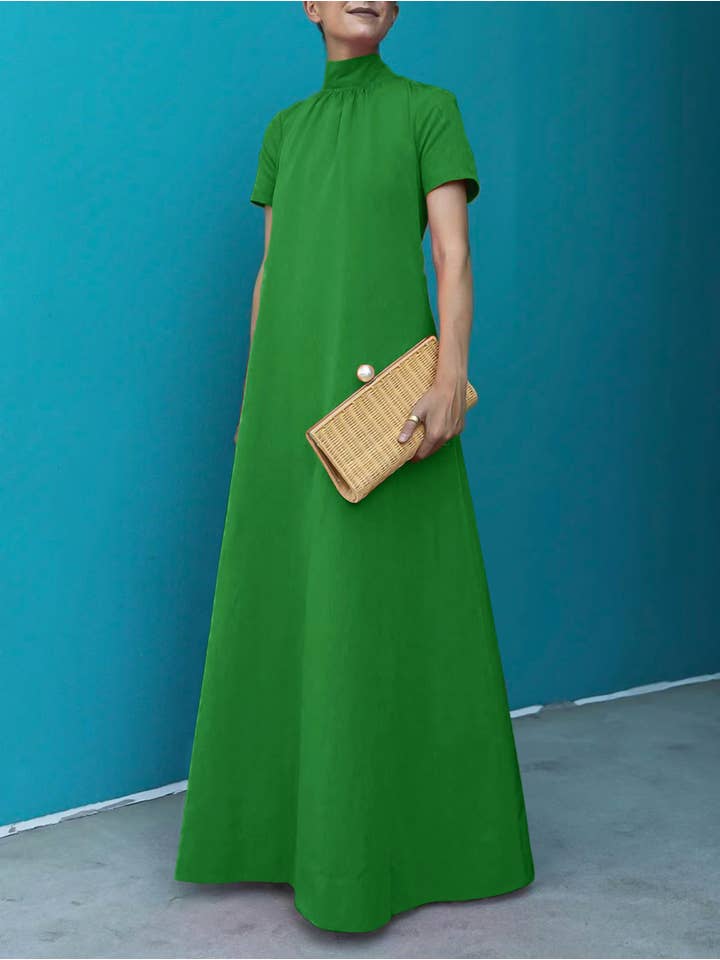 FurDecoration - Wholesale Dress - Women's - Relaxed Fit Short Sleeve Solid High-Neck Maxi Dress