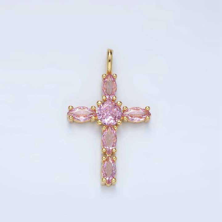 Aim Eternal - Wholesale Individual Charm/Pendant - 24K Gold Filled Pink, Clear Marquise CZ Cross Pendant | AA1367
