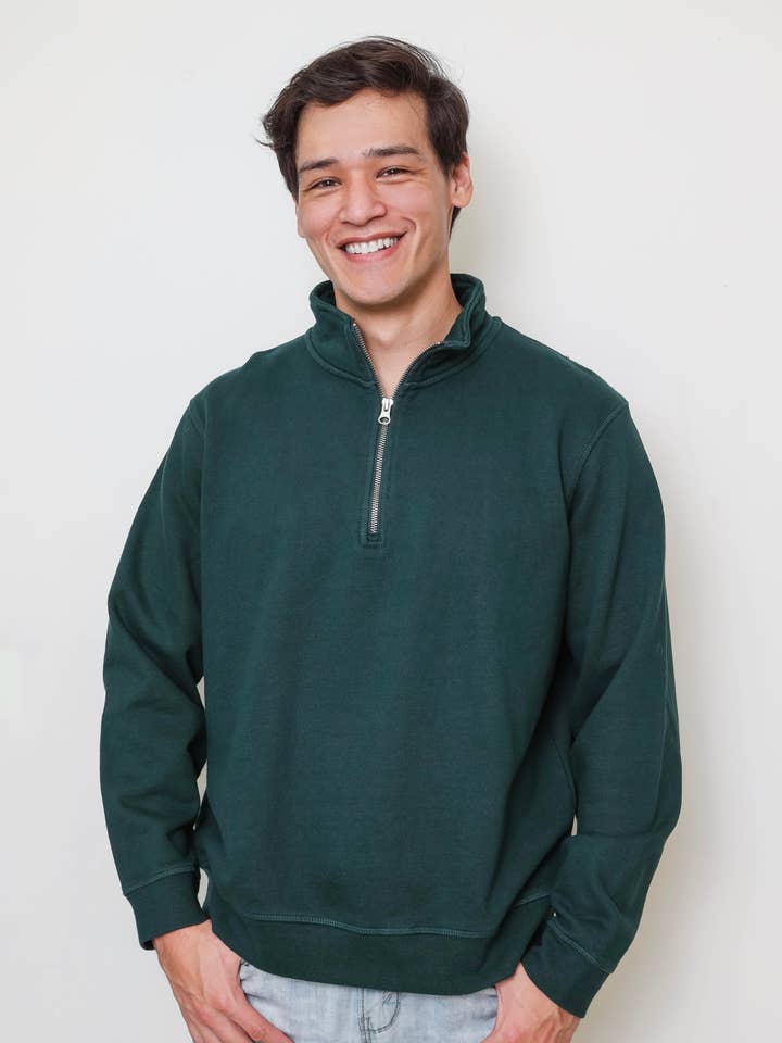 Sweat-shirt quart de zip en molleton français en coton biologique pour la vente par Castlebeard