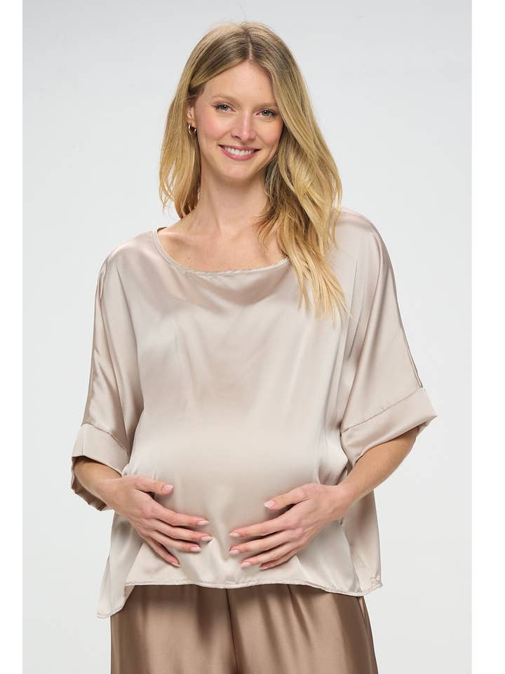 Star Motherhood - Vente Chemisier – femme - Fabriqué aux États-Unis - Haut de maternité uni en satin stretch à col rond