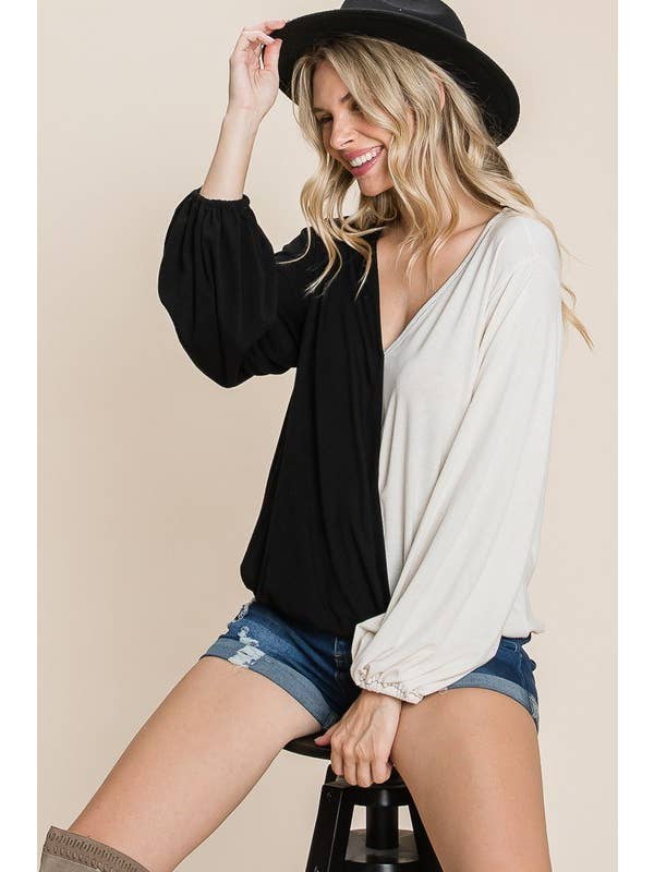 Emerald Collection - Wholesale Knit Top - Women's - ETK-8561-PL Plus Size Color Block Surplice Top
