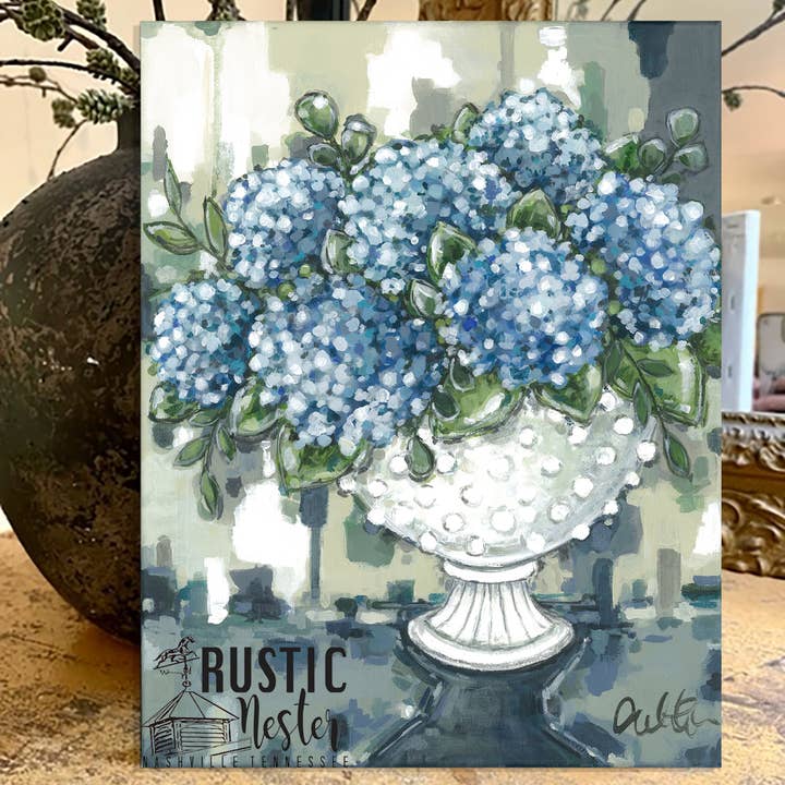 Floral home decor, Blue hydrangea canvas art print, wall for wholesale by Rustic Nester
