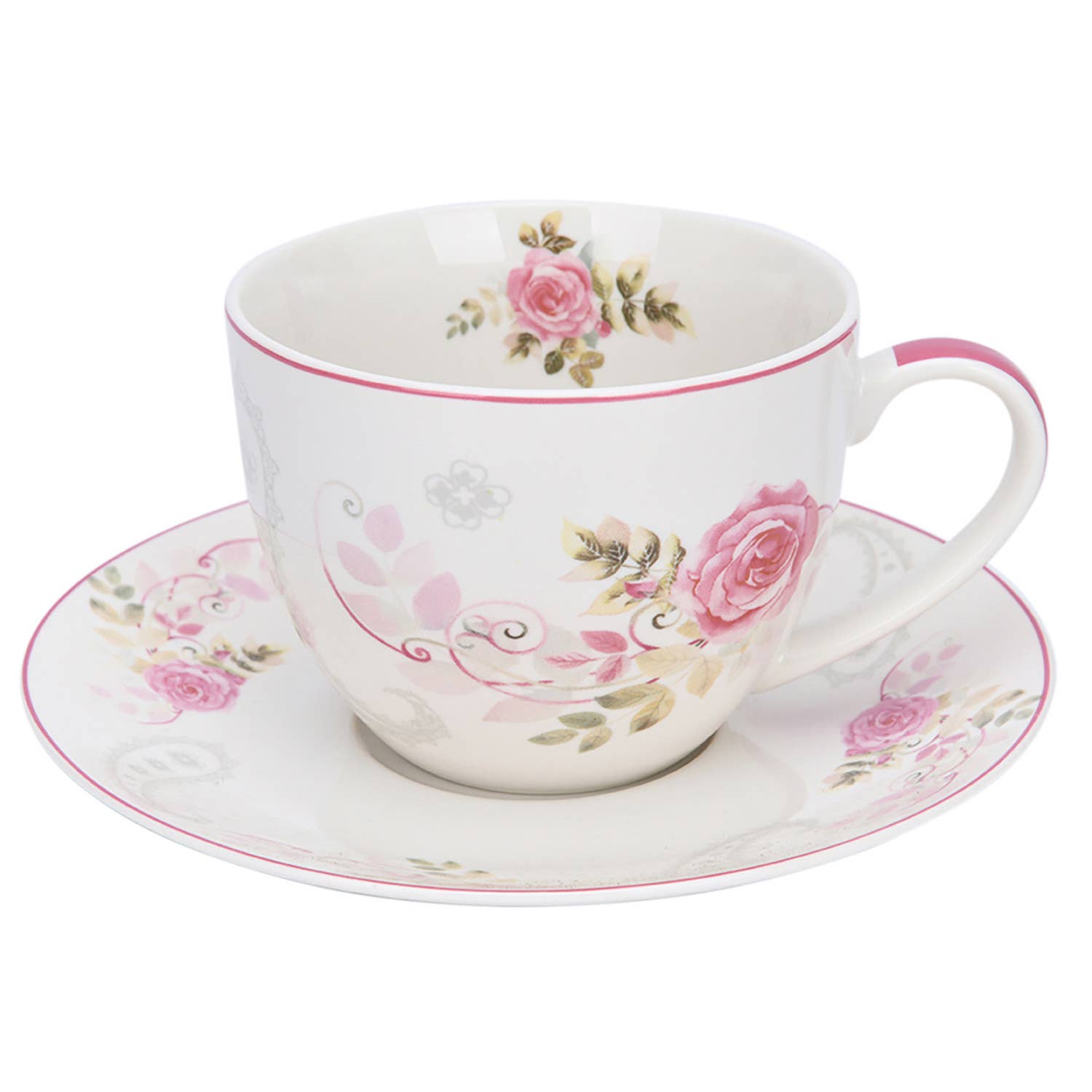 Tea Set for Six Pink Floral Tea Cups and Saucers Mismatched 