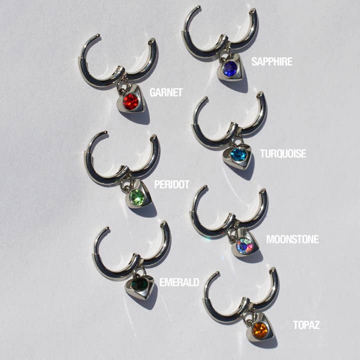 SOLI STUDIO - Wholesale Huggie earrings - Birthstone Heart Hoops (Sep-Dec) • Surgical Steel 7