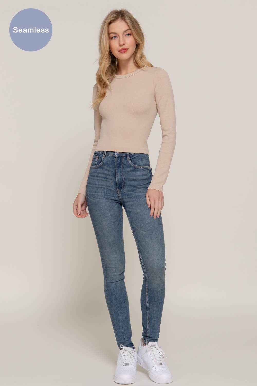 Active Basic | Active USA - Wholesale Gebreide top - Dames - Ribgebreide naadloze top met lange mouwen en ronde hals24