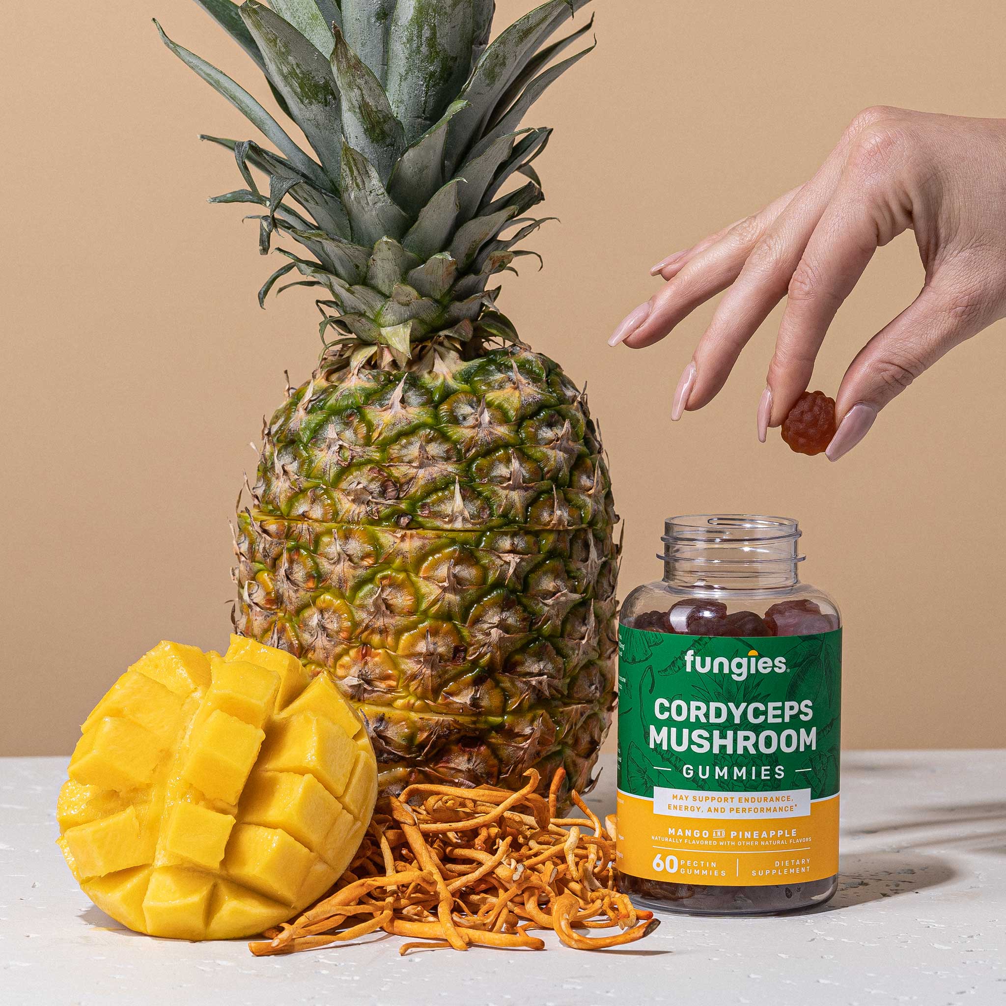 Fungies Mushroom Gummies – Großhandel Nahrungsergänzungsmittel/Vitamin zum Einnehmen – Fungies Cordyceps Pilz Energieriegel mit Mango und Ananas4