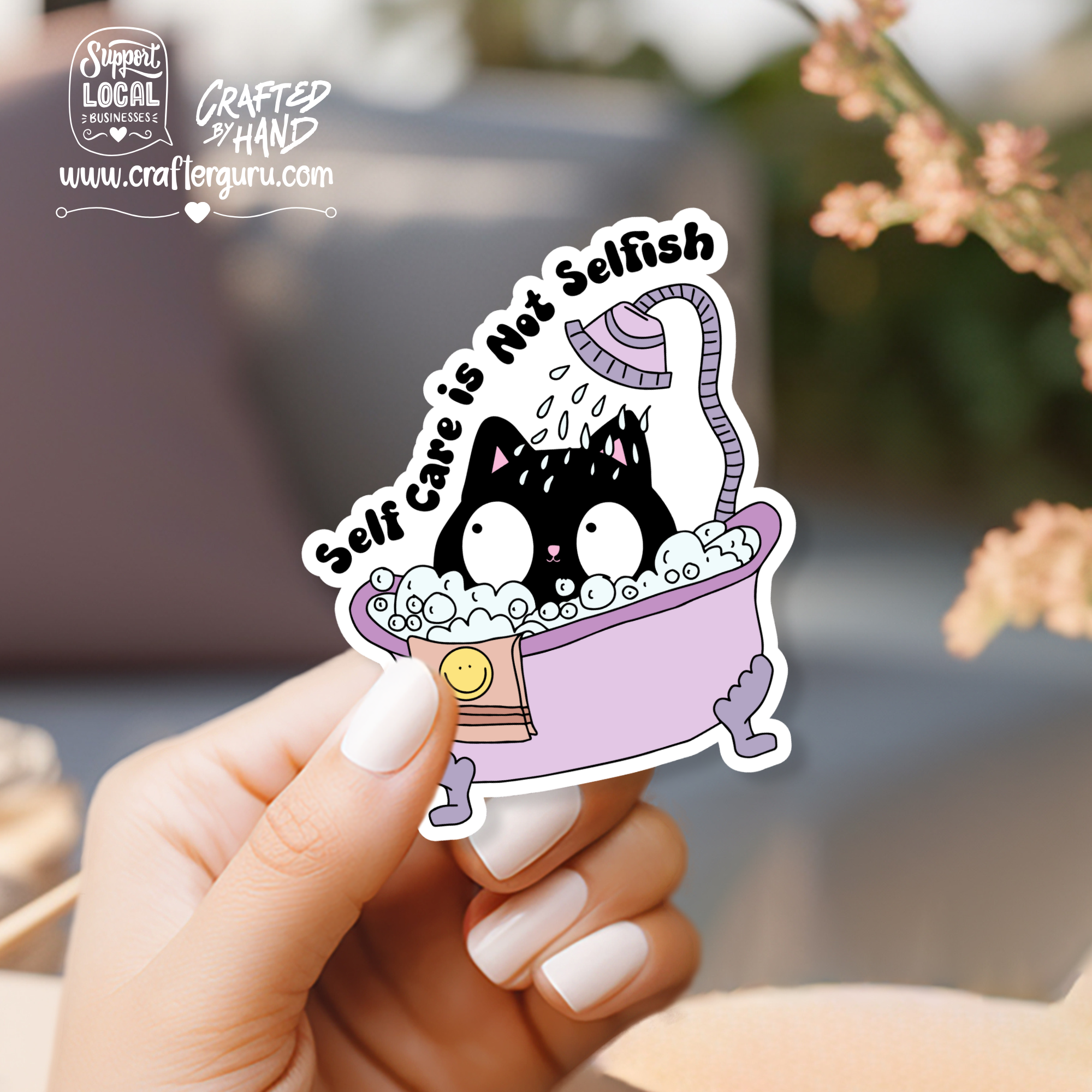 Crafter Guru Shop - Wholesale Sticker - Self Care is Not Selfish Cat Sticker | Funny Black Cat Bath Decal | Mental Health Positivity Sticker | Waterproof Vinyl Laptop Decal | STK-0121