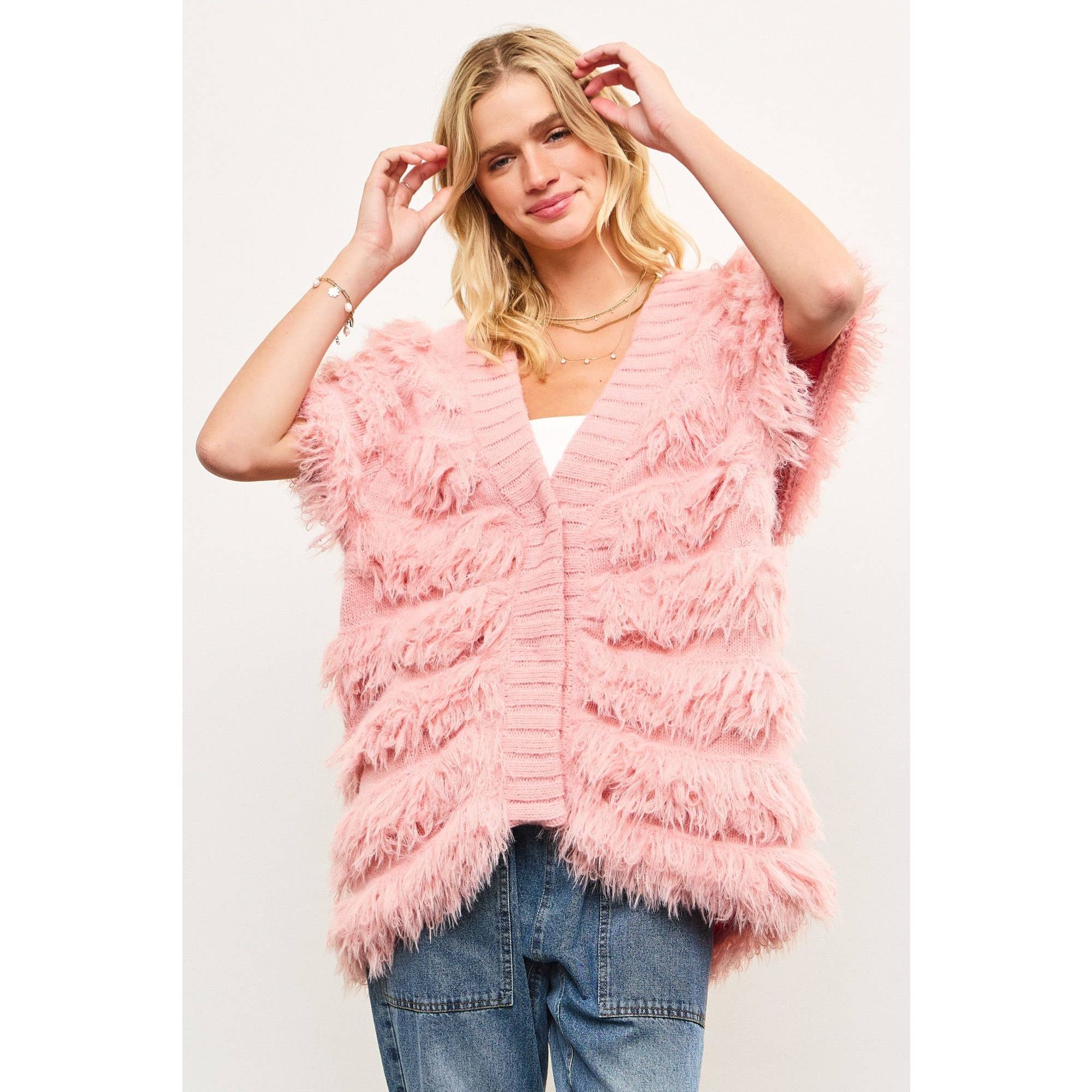 Blue Bunny Inc – wholesale Jacket – Women's – Fringe Shaggy Cap Sleeve Sweater Jacket7