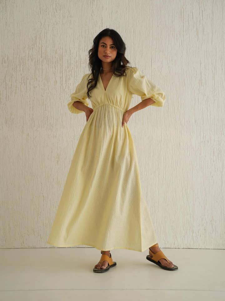 Struktureret bomulds-maxikjole i boho cottagecore-stil for engroshandel hos Tailor Didi