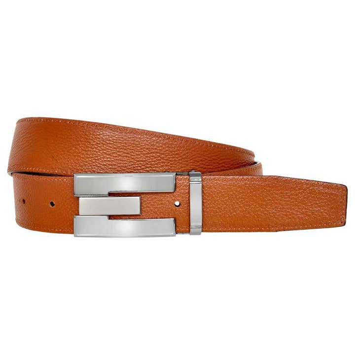 Tan OHM New York Grained Soft Leather Perimeter Stitched Handmade Reversible Belts Tan/Black for wholesale on Faire