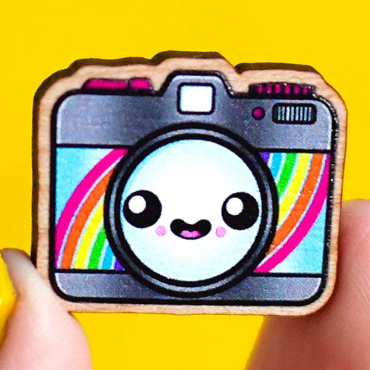 retro rainbow film camera wood lapel pin for wholesale by jesiiii