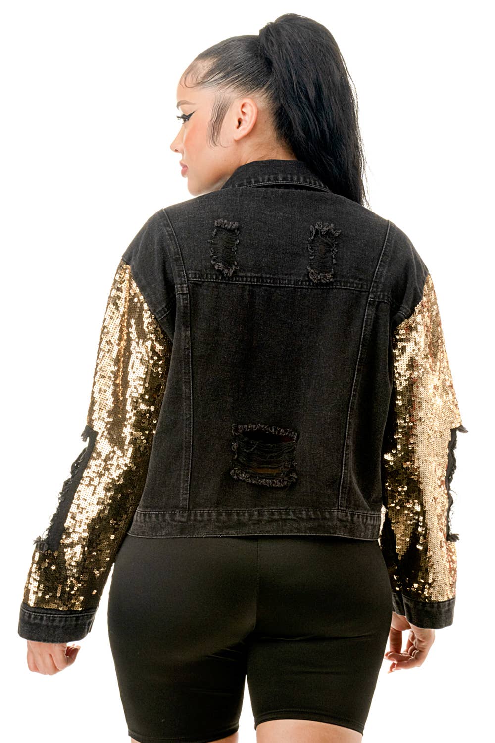 SALT - Wholesale Denim Jacket - Women's - (NJ7209)Sequin Sleeve Distressed Denim Crop Jacket11