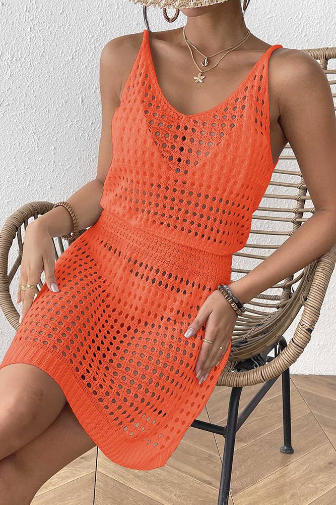 UNISHE - Wholesale Dress - Women's - Knit Waist-Tie Sleeveless Sexy Hollow-Out Beach Dress OYM15628