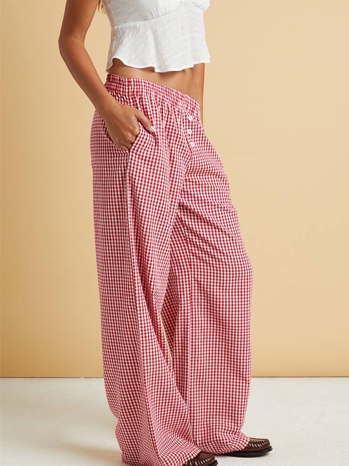 Rosa Clothing - Wholesale Pants - Women's - easy daily patchwork gingham wide leg pants10