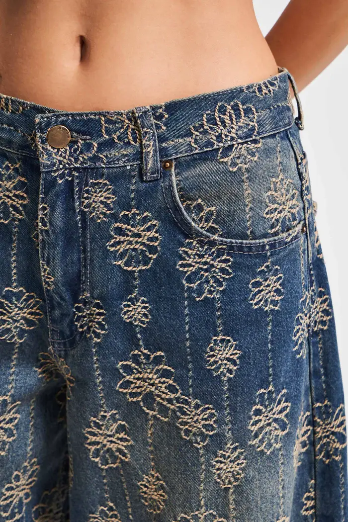 DesignofBoho – Engroshandel Jeans - Dame – Kvinders Stone Wash Palazzo Fit Broderet Design Denim Jeans2