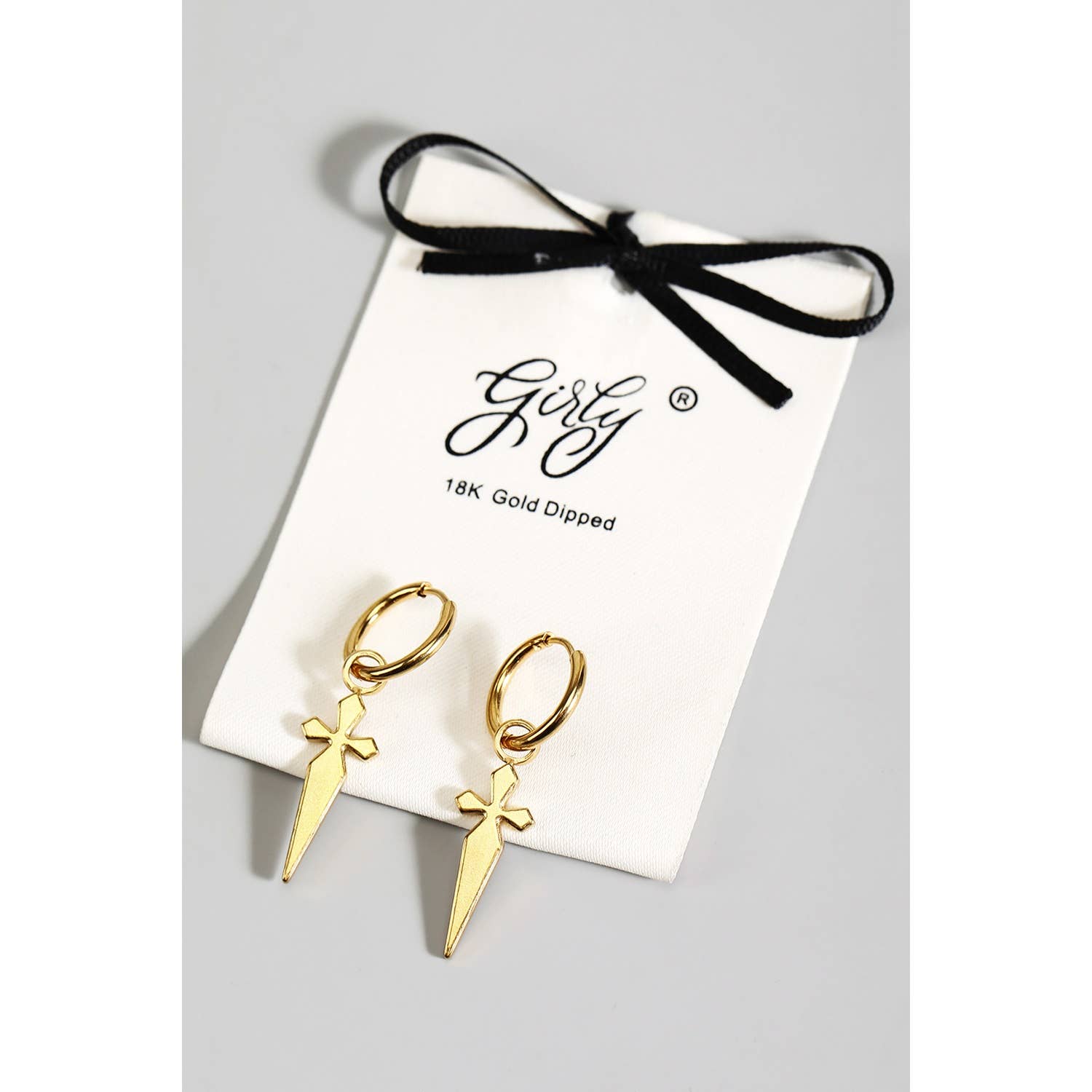 Girly - Wholesale Hoop Earrings - 18K GOLD DIPPED SWORD CHARM HUGGIES EARRINGS