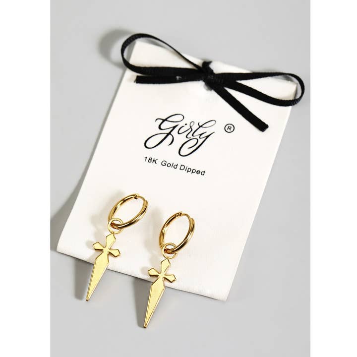 Girly - Wholesale Hoop Earrings - 18K GOLD DIPPED SWORD CHARM HUGGIES EARRINGS0