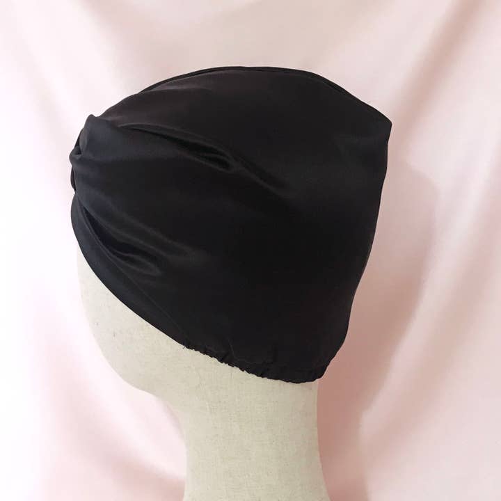 Mille Saisons - Wholesale Sleep Cap / Bonnet - Women's - Onyx Black Mulberry Silk Sleep Cap Fully Lined- UK Sewn4