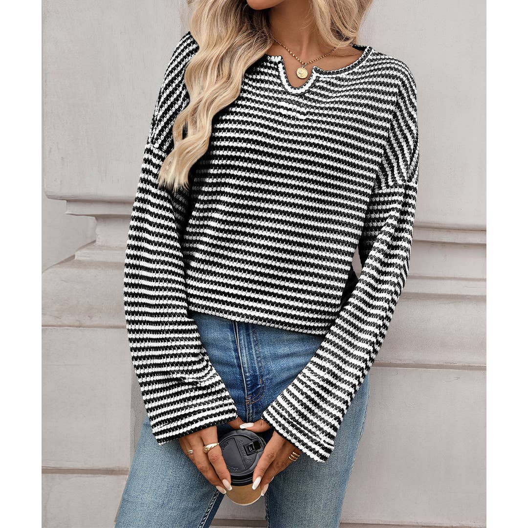 UNISHE - Wholesale Blouse - Women's - Striped Waffle Knit Long Sleeve Top MD23721