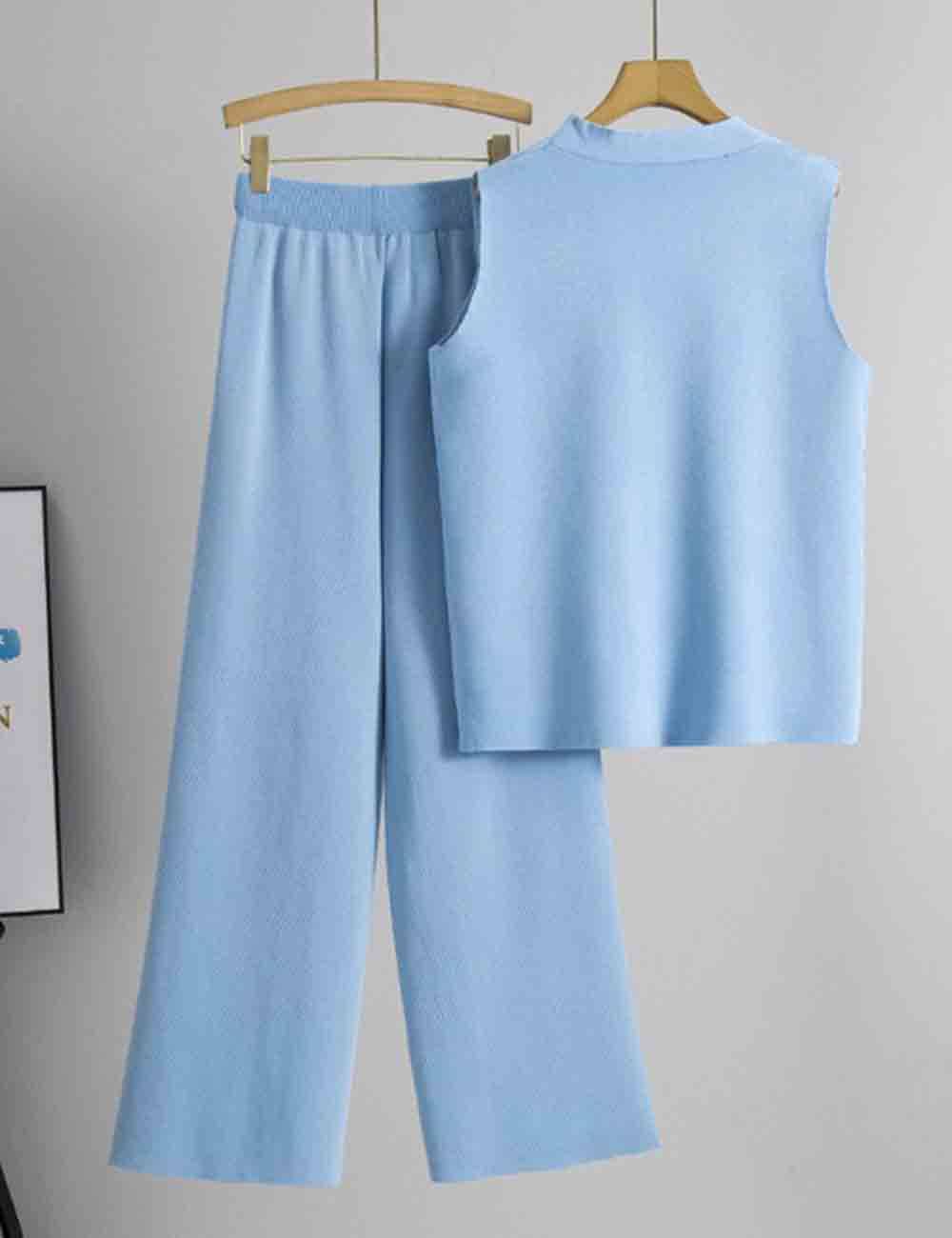 Sweetkama - Vendita all'ingrosso Completo top e pantaloni (NON loungewear) - Donna - Completo 2 pezzi: Gilet e Pantaloni a Maglia con Bottoni e Scollo a V a Tinta Unita da Donna13