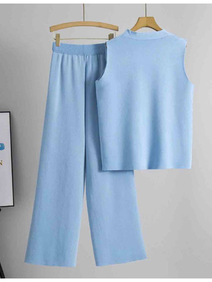 Sweetkama – Engroshandel Top- og buksesæt (IKKE Loungewear) - Dame – Dame Ensfarvet V-hals Knap Strikvest & Bukser 2-delt Sæt13