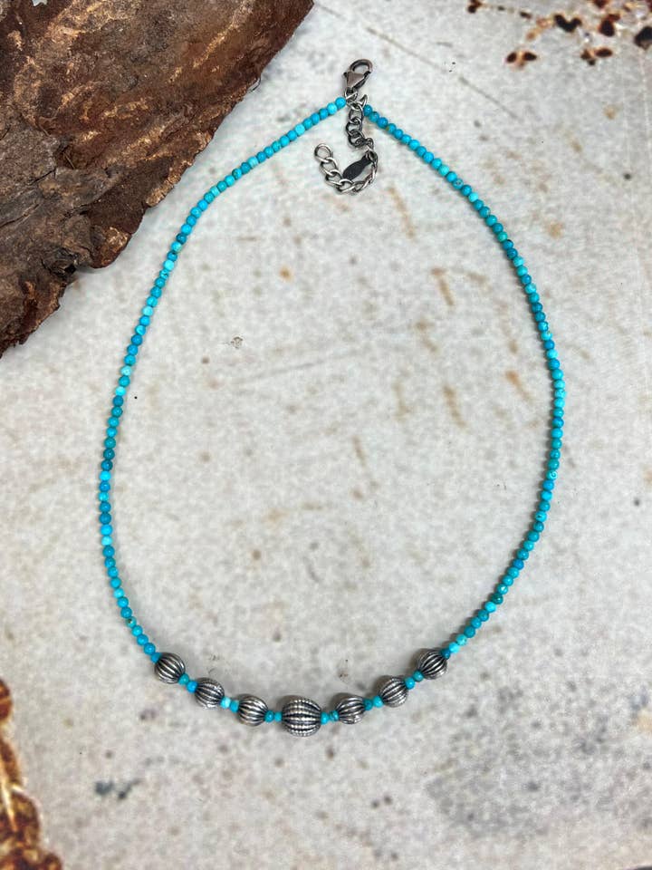 Handmade Sterling Silver Kingman Turquoise Beaded Choker Necklace Signed Nizhoni for wholesale by Nizhonitradersllc