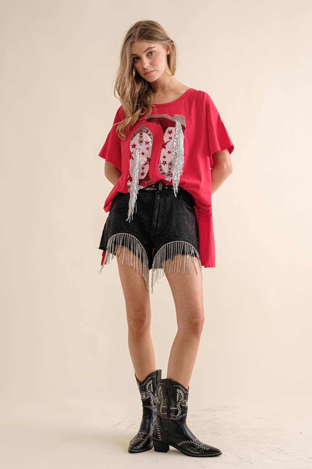 Blue B - Wholesale T-Shirt - Women's - 32487T - Cotton Sequin Western Boot Fringe Loose Side Tee21