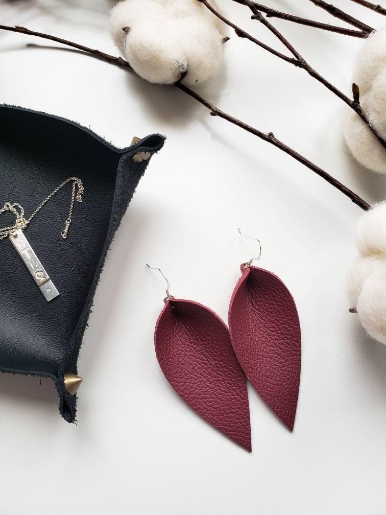 Whitebirch Handmade Goods - Wholesale Dangle Earrings - Burgundy Leather Leaf Earrings0