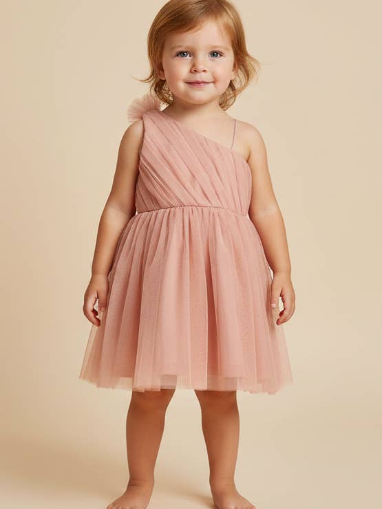 Elegant Dusty Pink One-Shoulder Nylon Tulle Dress with Cotton Lining for Kids & Infants for wholesale by Yo Baby