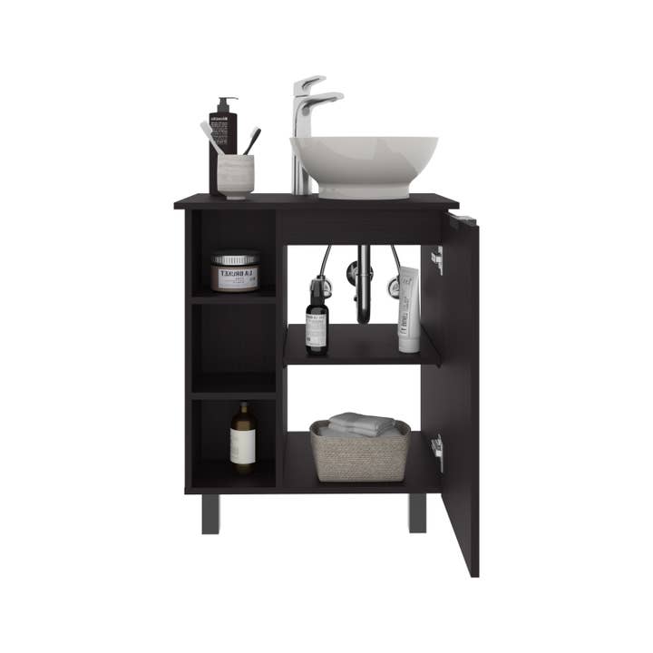 Black Allegra Vessel Sink Vanity With One Door Storage And Open Shelves, Freestanding Bathroom Cabinet for wholesale on Faire5