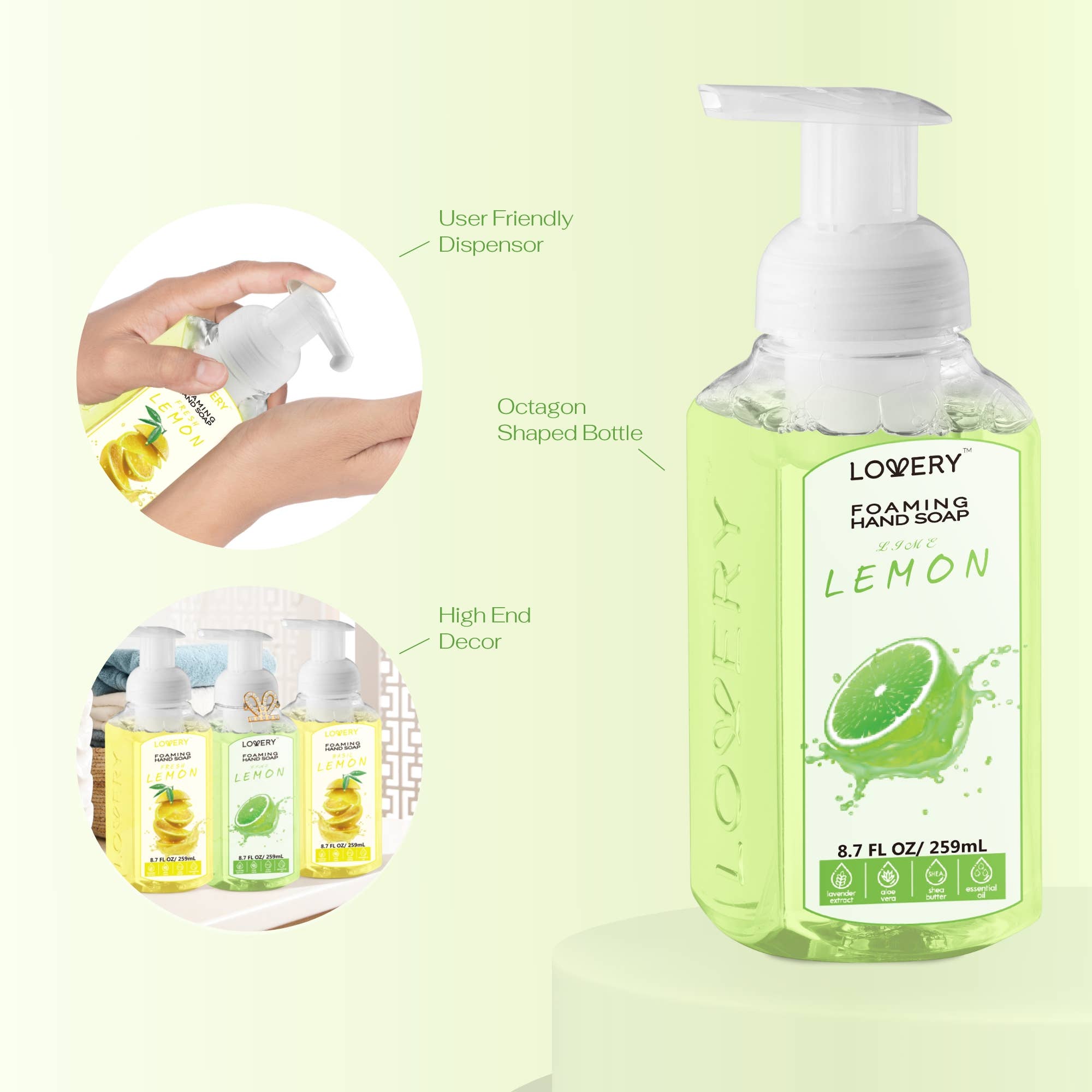 Lovery – wholesale Hand soap/wash – Foaming Hand Soap, 3pc Lemon Hand Wash, Basil Scented Foams1
