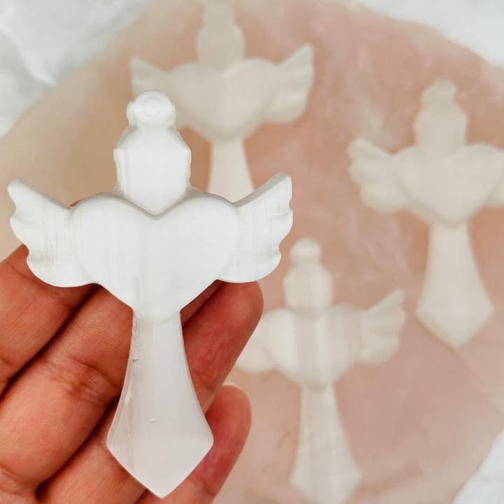 Selenite Crystal Heart Wings on Cross for wholesale by Rock Paradise