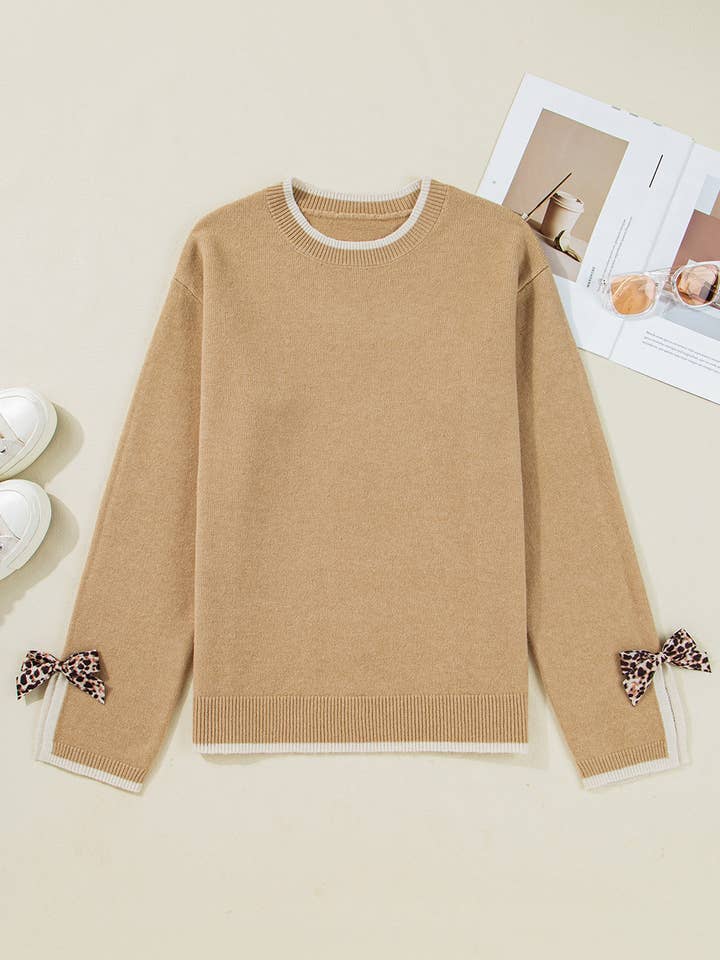 Lovesoft - Wholesale Knit Sweater - Women's - Tan Leopard Bow Decor Split Cuff Contrast Trim Sweater3