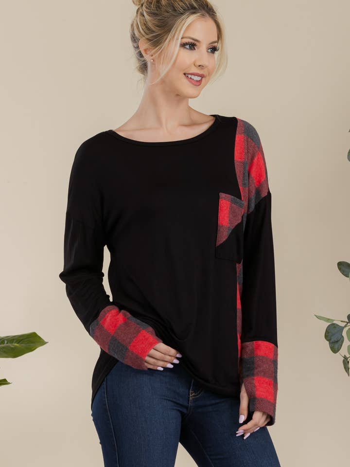 Celeste Clothing - Vendita all'ingrosso Tunica - Donna - TOP A MANICHE LUNGHE IN TARTAN PER MISSY E PLUS SIZE -CT43810B10